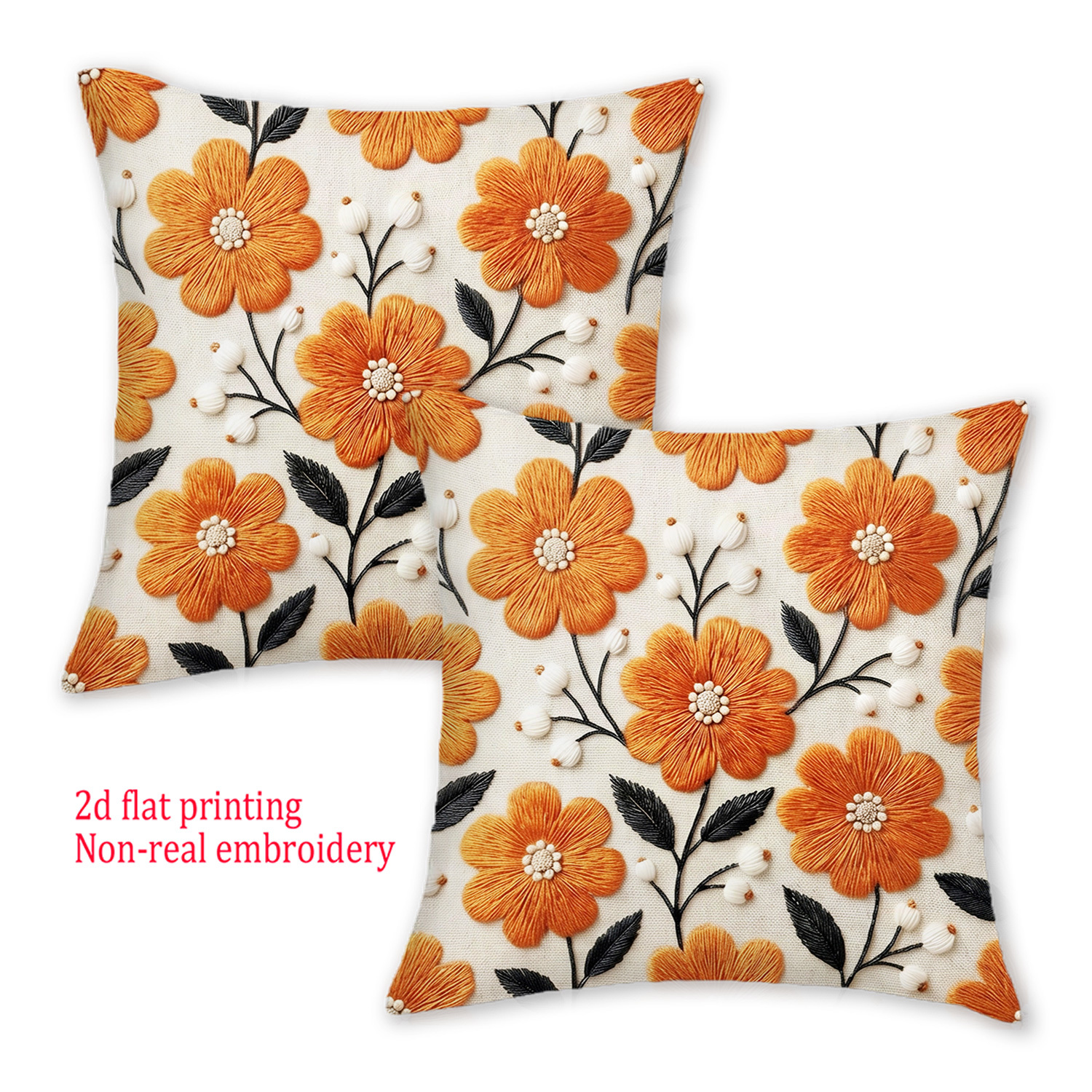TEMU 2pcs 2d Flat Print Floral Throw Pillow Covers, Non-real Embroidery Cushion Covers, 18x18in, Home Decorative Pillowcases, For Bedroom, Living