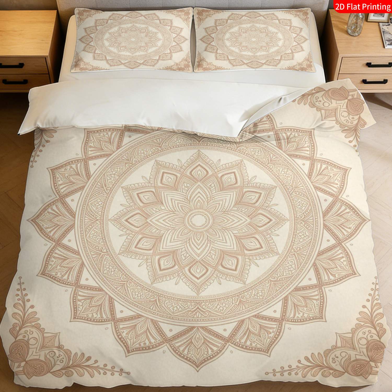 TEMU 2/3-delige 2D Platte Print Boho Dekbedovertrek Beddengoed Beige Vintage Bloemenpatroon met Sierlijke Rand Geschikt voor Diverse Gelegenheden (1