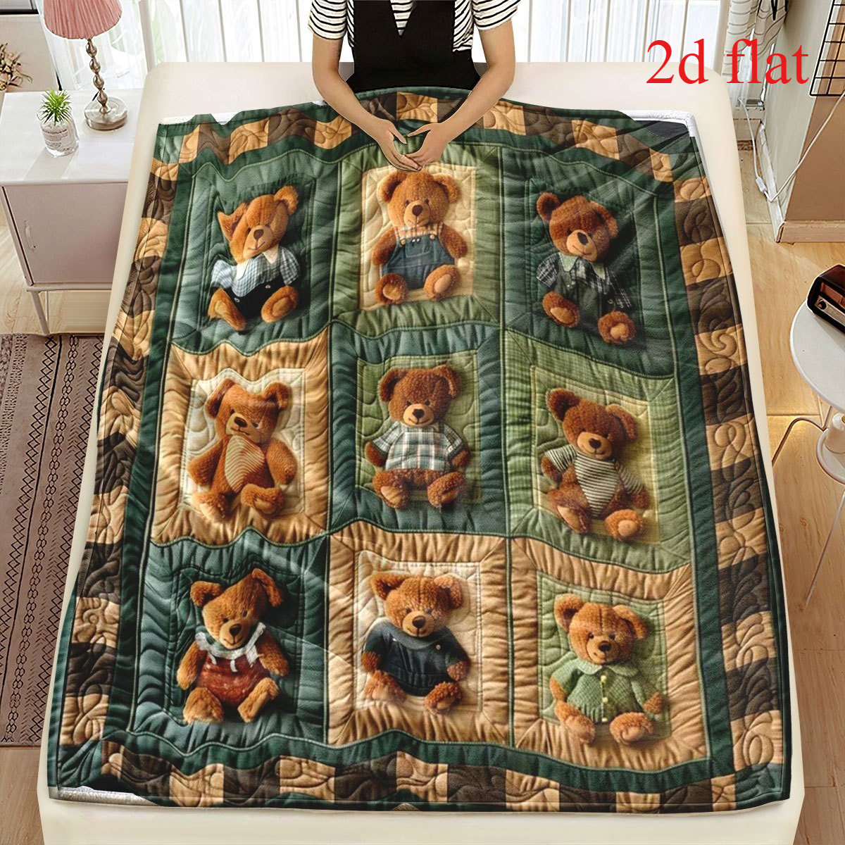 Vintage Teddy Bear Themed Printed Flannel Blanket for Cozy Naps