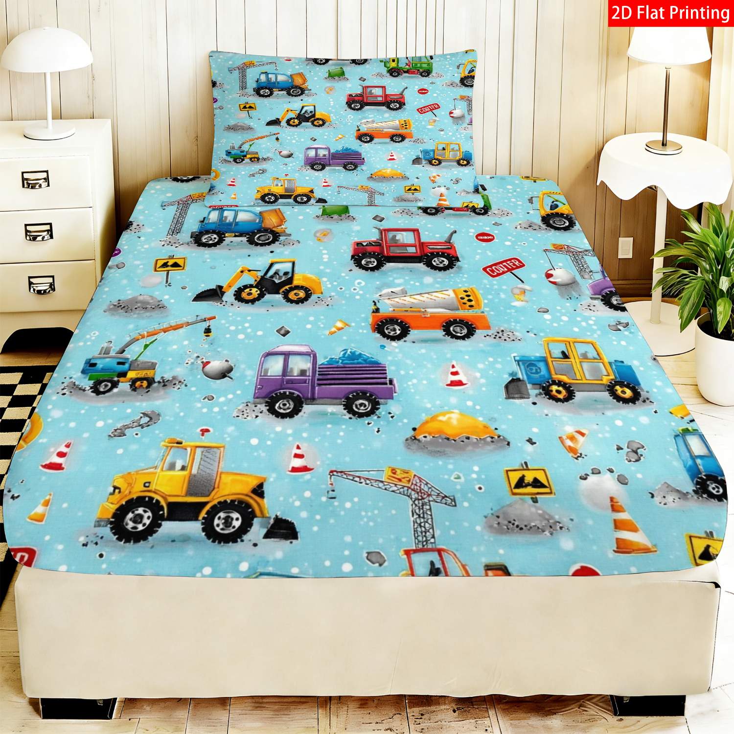 TEMU Parure de lit 2/3 pièces véhicule de chantier pour camions et panneaux, draps avec fermeture éclair, couvre-lit et taies d'oreiller lavables en