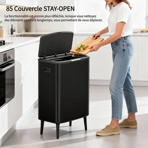 photo de l'article poubelle à pédale à double compartiment en acier inoxydable de 65l avec 2 seaux amovibles et support gratuit , fermeture silencieuse, joint -odeurs, brossée et durable résistante à la rouille et aux digitales pour cuisine, bureau, maison