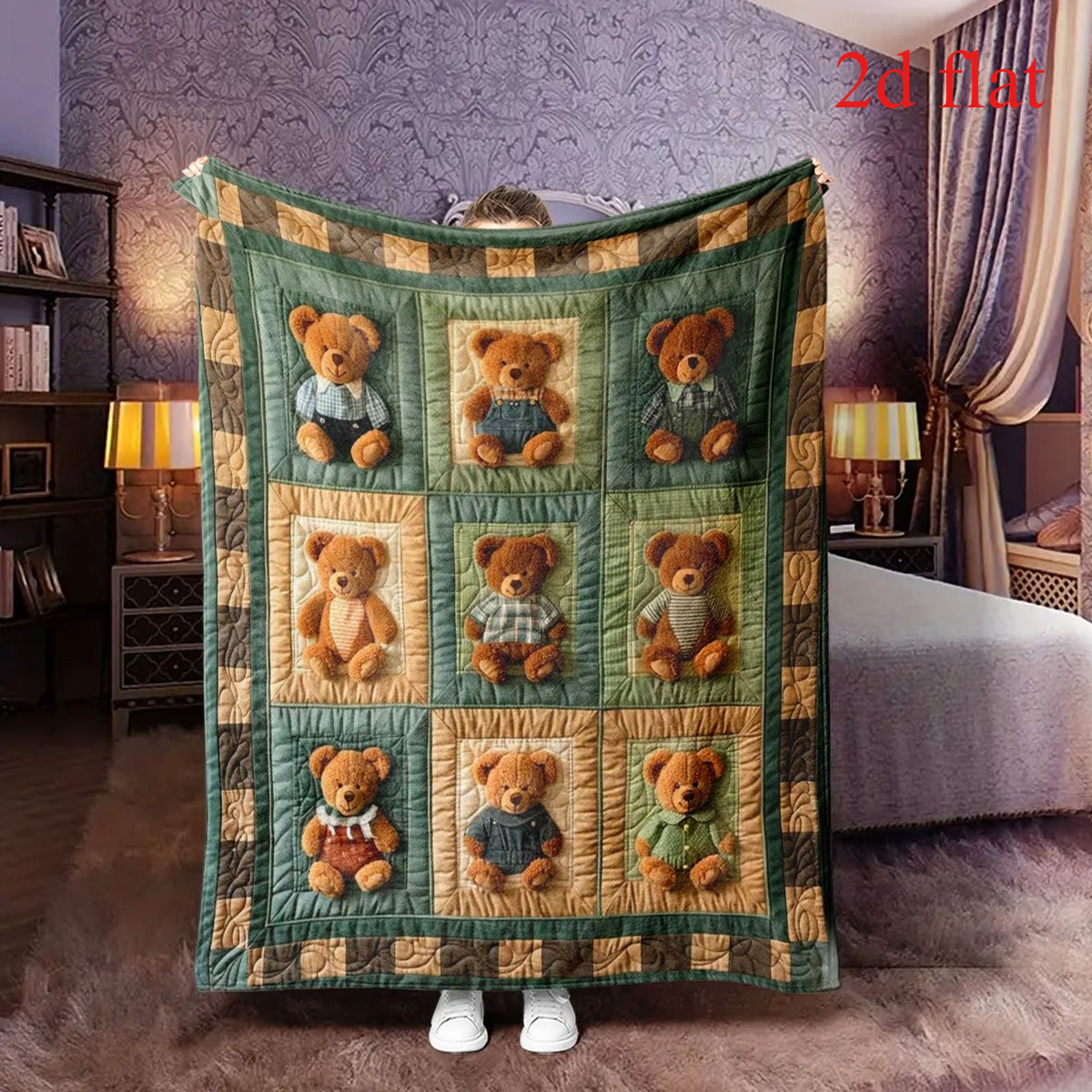 Vintage Teddy Bear Themed Printed Flannel Blanket for Cozy Naps