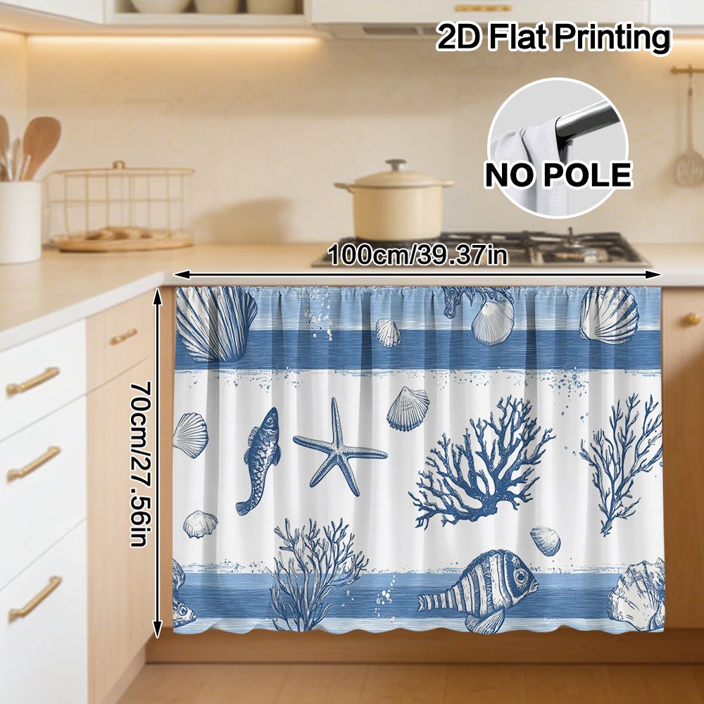 TEMU 2d Flat - 2d Flat - 1pc Cabinet Curtain - Blue Shells Starfish Coral Pattern Convenient Hanging Design, , Washable, Durable Structure, Storage