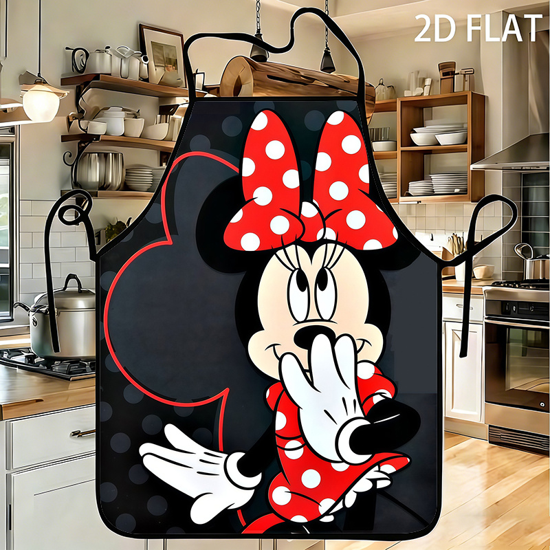 TEMU 1pc Mouse Cute Cartoon With Iconic Red Polka Dot Bow Dark Polka Dot Background Kitchen Apron - Durable Polyester, Adjustable Side Ties, Adorable