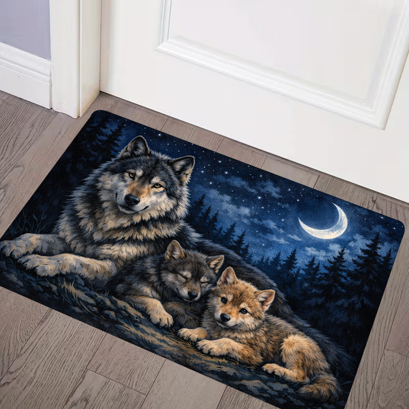 Image of 1pc, 2d Flat Printing, Forest Wolf Mat, Entrance Door Mat, Non-slip Machine Washable Easy , Suitable For Home And Outdoor Decor, Foyer, Bedroom, Balcony, Gift For Home Decor