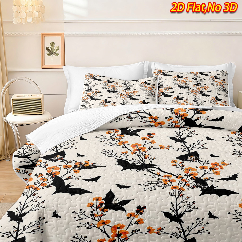 TEMU 2/3pcs 2d Flat Vintage Dark Style With Warm Orange Floral Branch Pattern Bedspread Set, Multiple Sizes Bedding 1/2pcs Pillowcases + 1pc