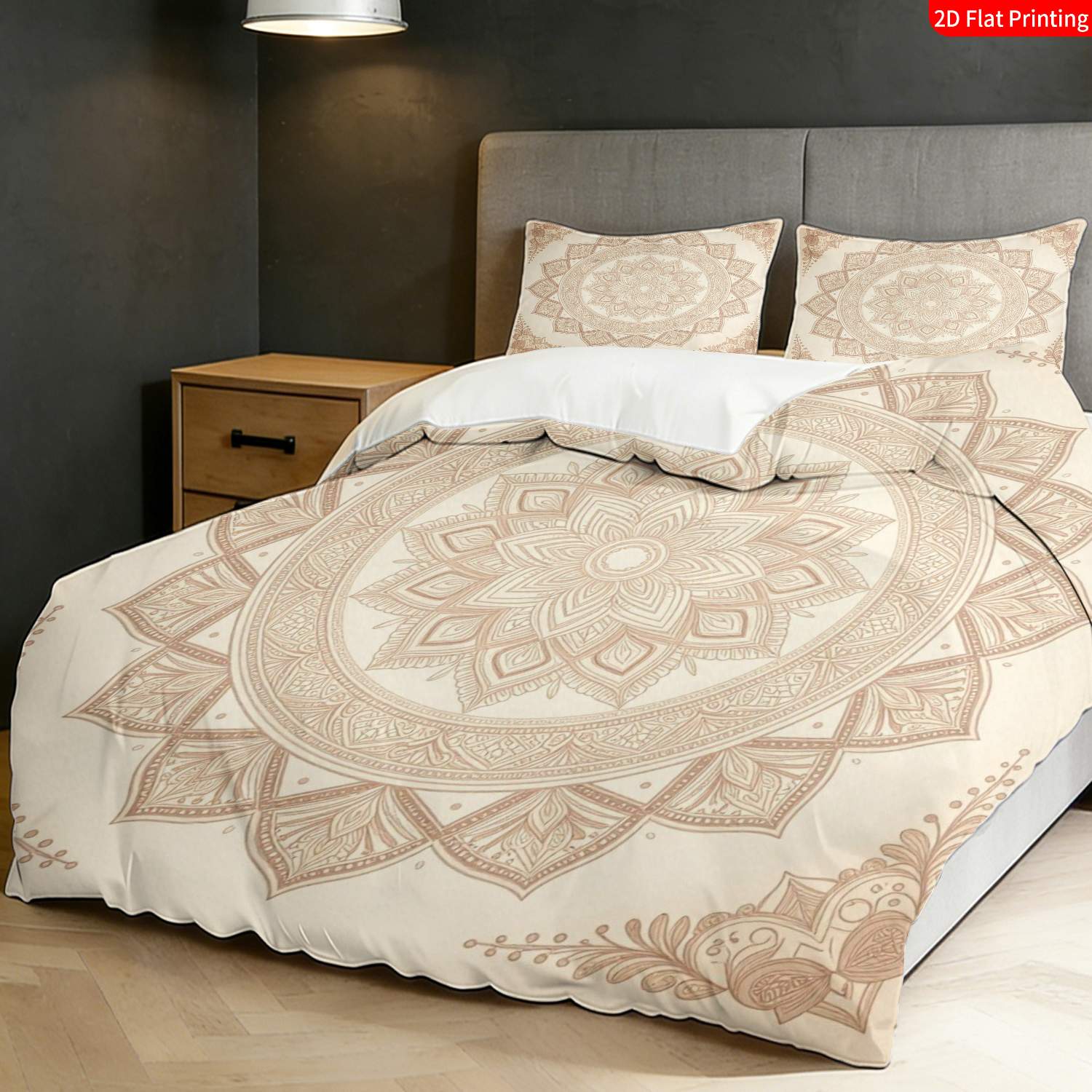 2/3-teiliges 2d flachdruck boho   bettbezug bettwäsche beige vintage blumenmuster mit verziertem rand,   für verschiedene anlässe (1 bettbezug und 1/2 kissenbezüge, ohne füllung)