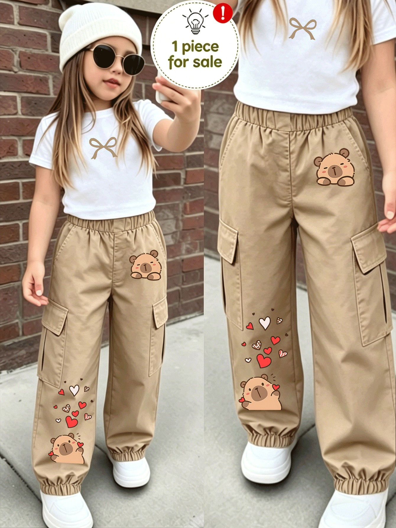 girls woven cargo pants 1pc pc streetwear style with capybara and heart print multi pocket cargo pants fit fashionable girls trousers machine washable and dry   durable fabric suitable for spring and summer kids fashion jogger