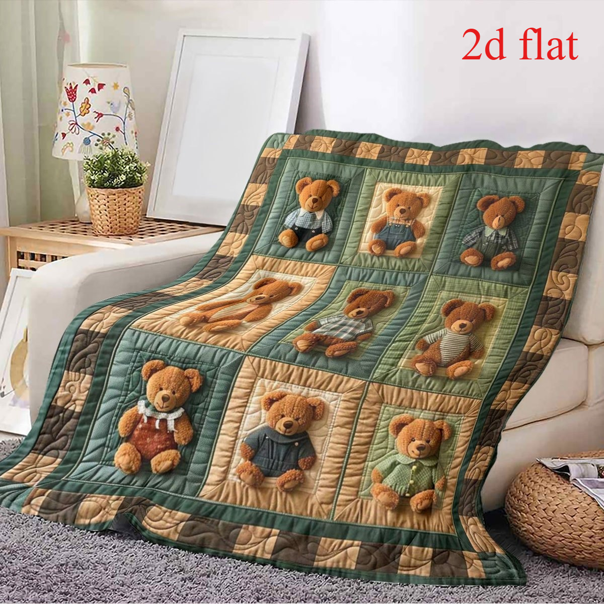 Vintage Teddy Bear Themed Printed Flannel Blanket for Cozy Naps