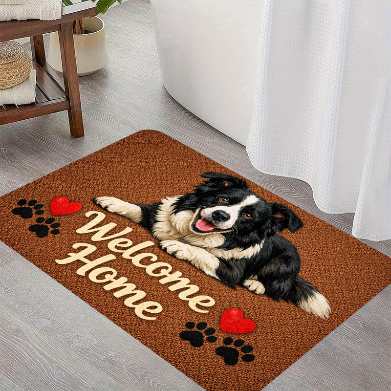 TEMU 1pc, 2d Flat Printing, Border Collie Pattern "welcome Home" Entrance Door Mat, Colorful Non-slip, Machine-washable Polyester Mat, Suitable For