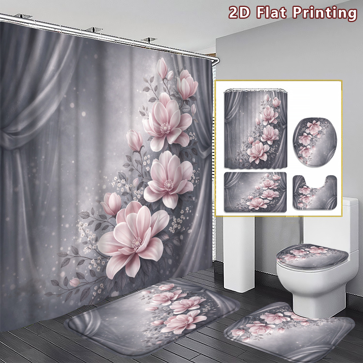 TEMU 2d Flat, 2d Flat 4pcs Shower Curtain Set, Soft On Grey Bathroom Decor, Accessories With Bath Mat, U - Shaped Mat, Toilet Lid Cover, Shower
