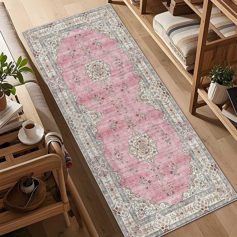 TEMU 1pc 850g/ã¡ Velvet Runner Rug, Vintage Persian Pattern In Morandi Pink, Machine Washable For , Versatile Home , Suitable For Living