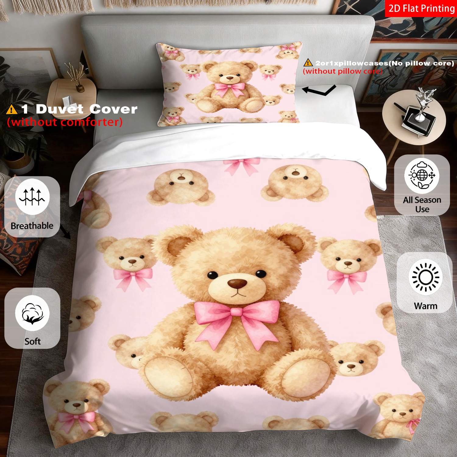 TEMU 2/3pcs 2d Flat Printing Sweet Cartoon Style Teddy Bear Quilt Cover Bedding Pink Watercolor Bear Pattern With Bowknots Suitable For Occasions (1