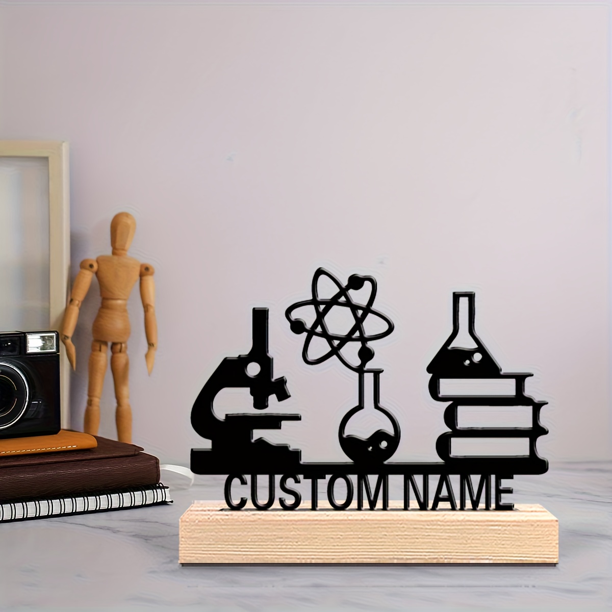 TEMU 1 Décoration Scientifique Personnalisée - Ornement de Modèle avec Nom Personnalisé, Microscope, Pipette, Design - Présentoir de Bureau en Métal