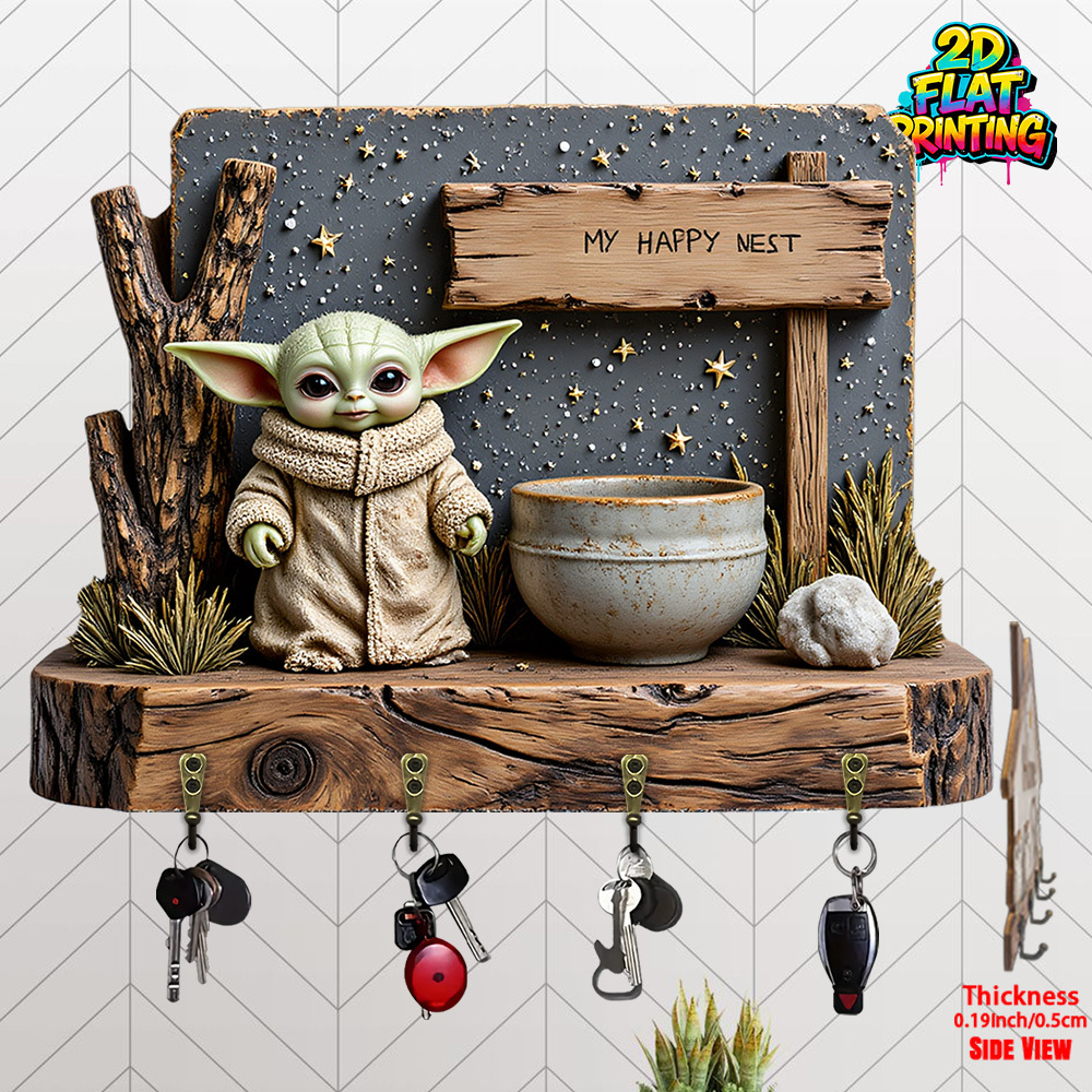 E-shop 2D-flaches, dekoratives Haken-Schild -Yoda-Design, mit dem klassischen Baby-Yoda-Motiv, einer Sockelbasis im Naturholz-Stil einem