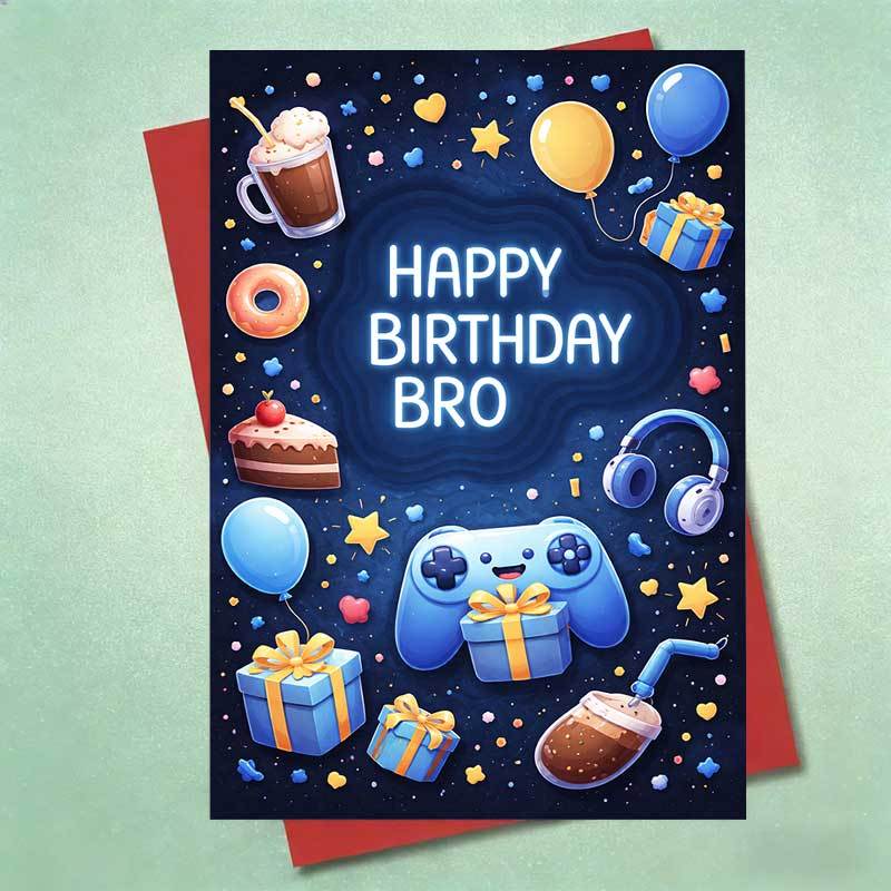 TEMU 1pc Vibrant Birthday Greeting Card, Gaming Controller Balloons Gifts Cake And Confetti With Text Happy Birthday Bro, Suitable For Brother Friend