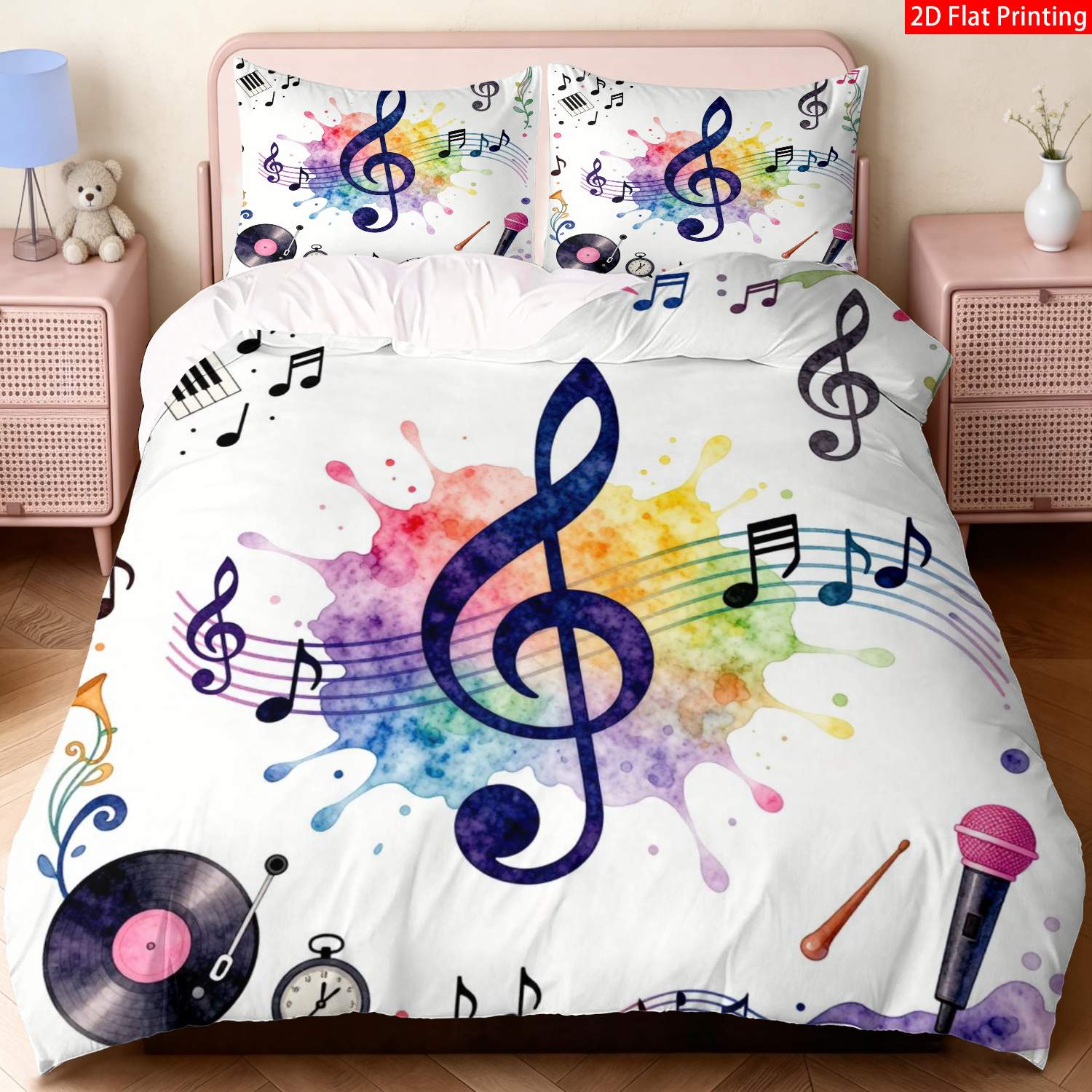 TEMU 2/3pcs 2d Flat Printing Modern Music Theme Quilt Cover Bedding Multicolor Watercolor Treble Clef Notes Microphone Print Pattern Suitable For