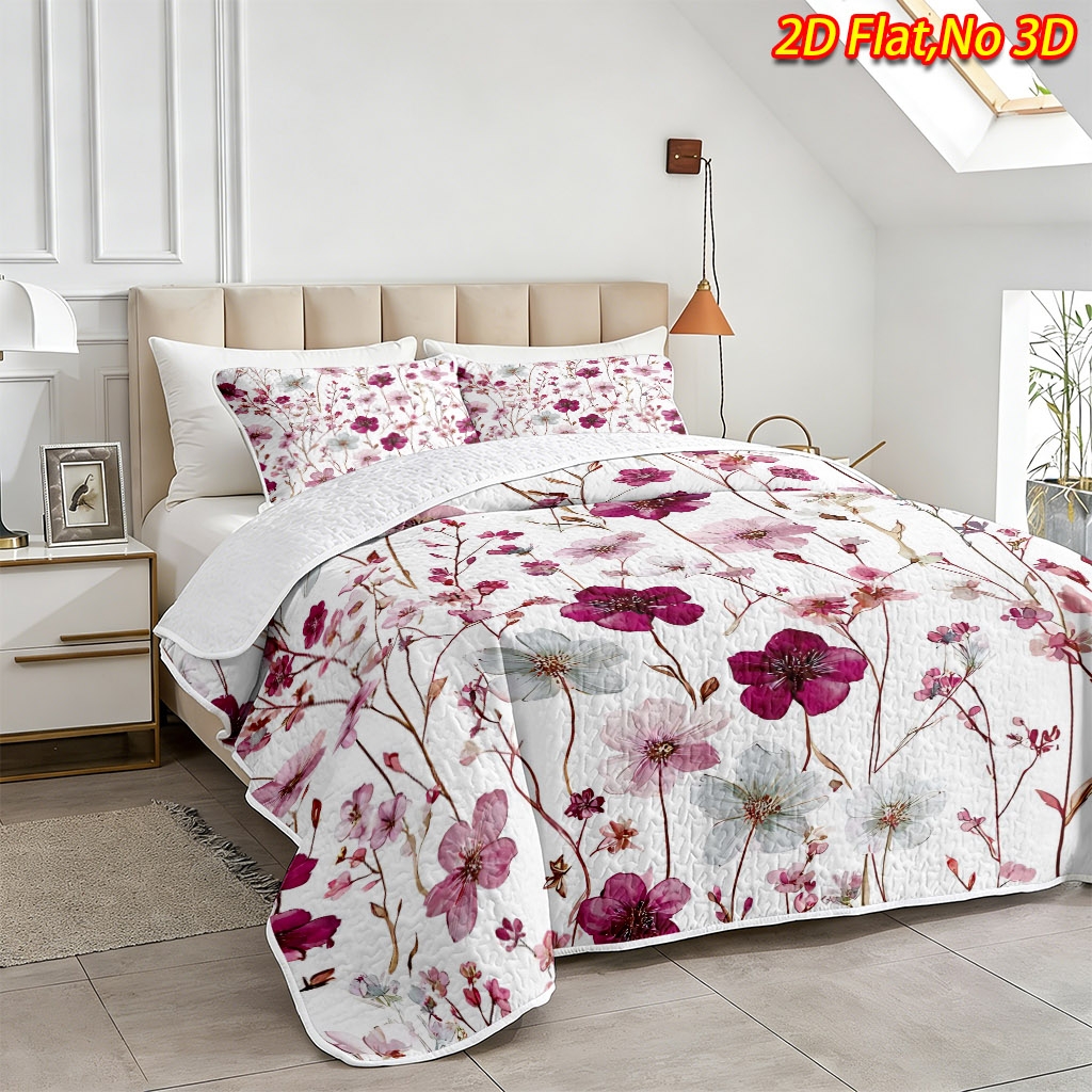 TEMU 2/3pcs 2d Flat Hand-painted Watercolor Light Pink, Deep Purple-red, And White Floral Branch Pattern Bedspread Set, Multiple Sizes . Bedding