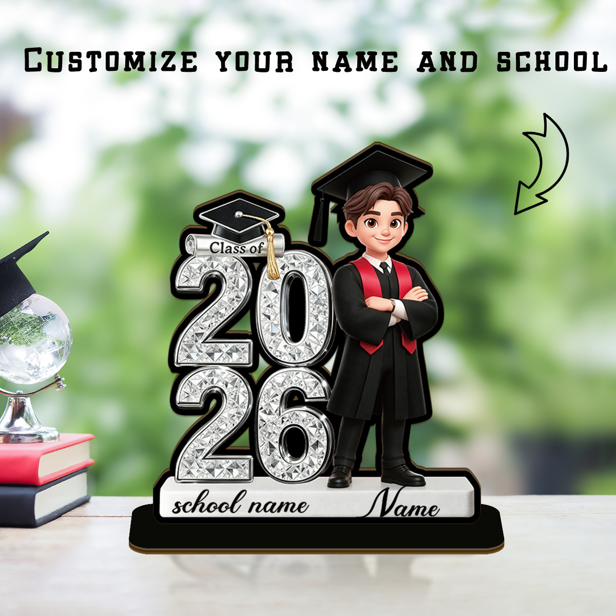 TEMU 1pc Custom Name And School 2026 Graduation Plaque, Men's Personalized Graduation Keepsake, With Black Graduation Gown And Red Sash, Sparkling