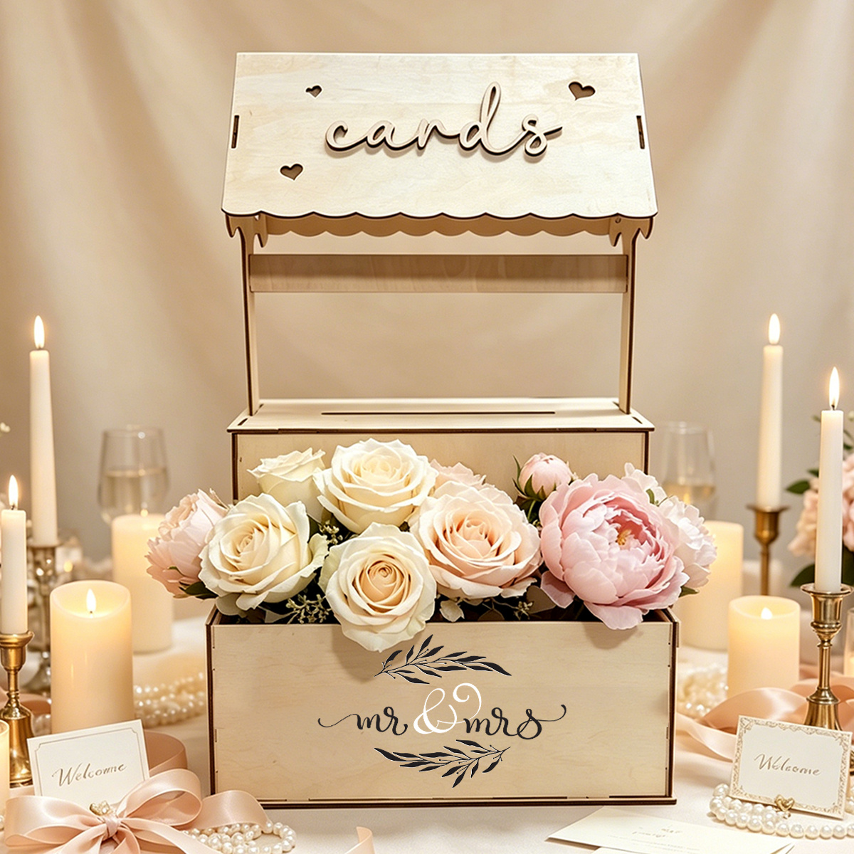 TEMU Boîte à cartes en bois style avec fenêtre florale, pour , les anniversaires, boîte cadeau décorative de Noël