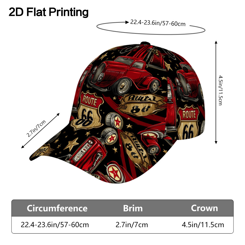 TEMU 1pc 2d Flat Retro Route 66 Garage Pattern Outdoor Duckbill Hat – Fashionable Unisex , Adjustable Design For A Versatile Look, Breathable Fabric
