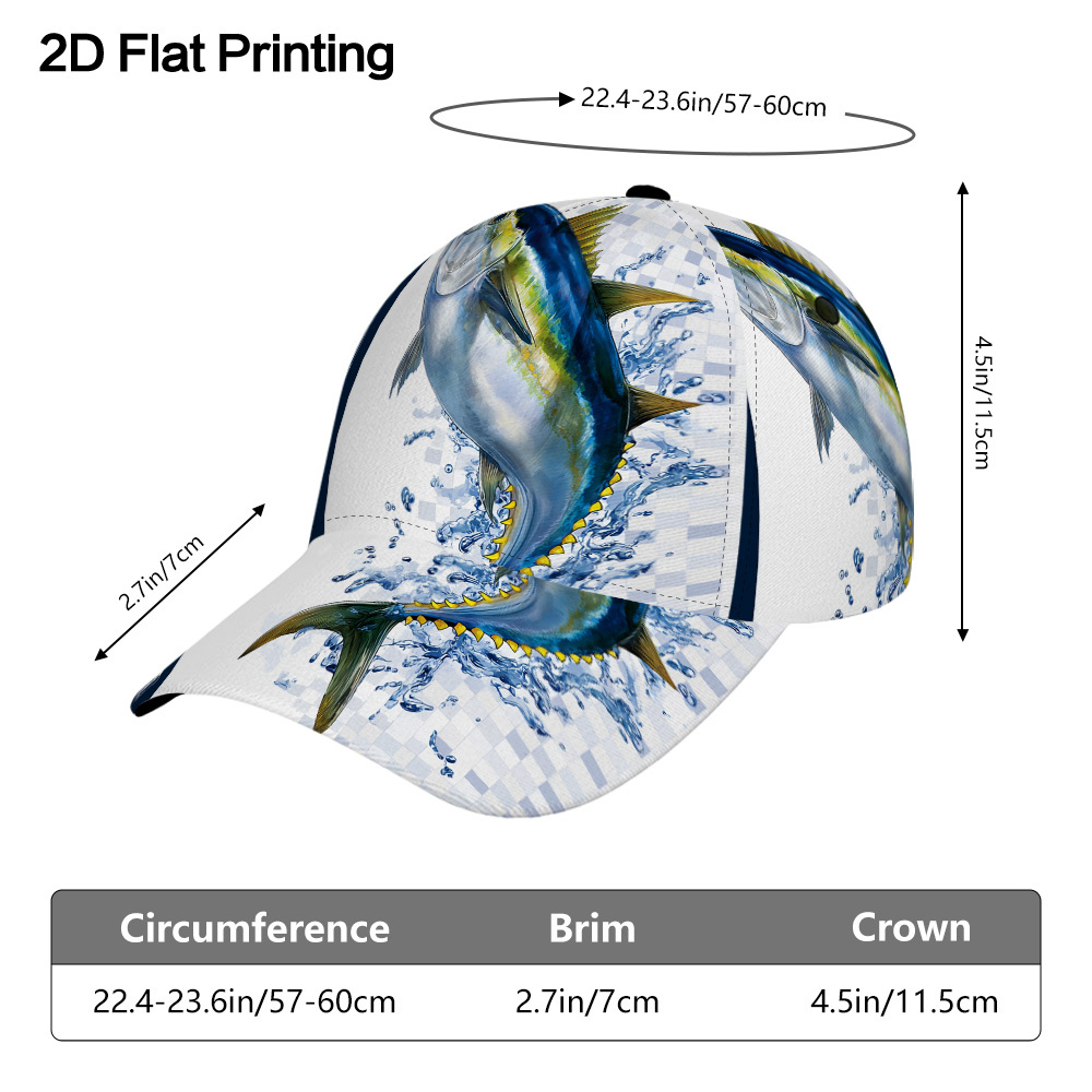 TEMU 1pc 2d Flat Jumping Tuna Splash Printed Adjustable Duckbill Cap, Classic Mesh Back Hat For Fishing, Hiking, Beach Vacation And Ideal Gift For ,