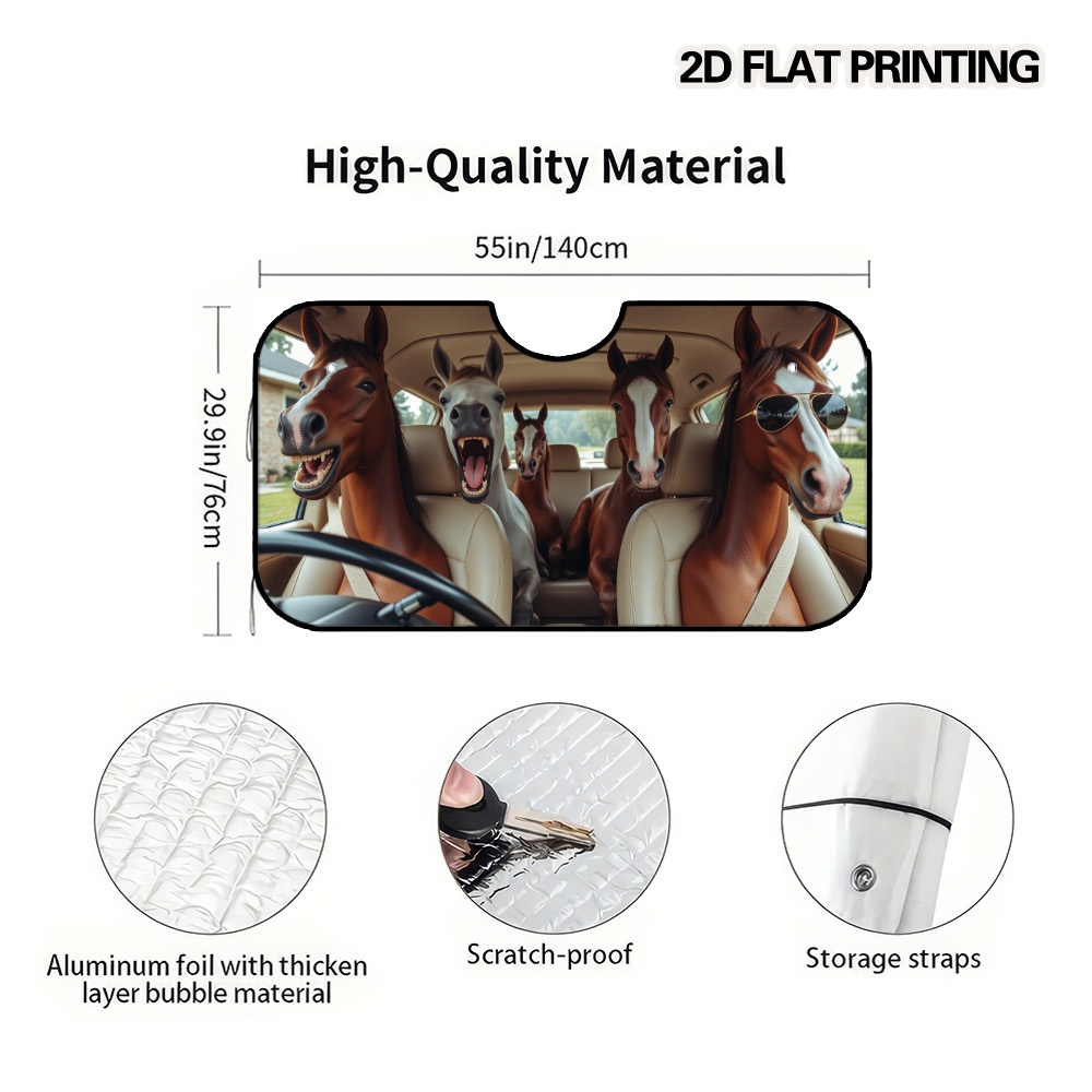 TEMU 2d Flat Printing, 1pc Universal Fit Funny Horse Car Ride Pattern Car Sun Visor For Front Window, Foldable And Space Saving, Perfect For Streets,