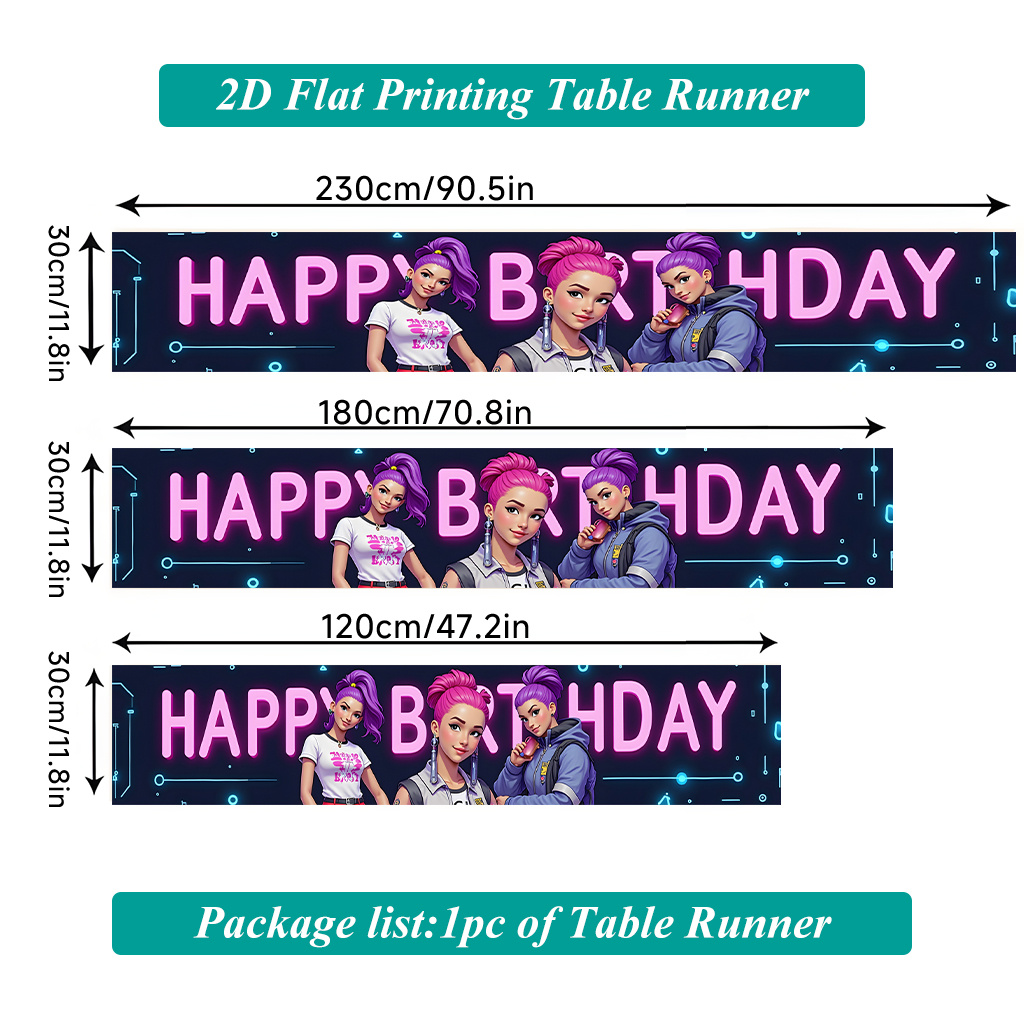 TEMU 2d Flat Printing Table Runner 1pc, Happy Birthday Neon Sign Polyester Rectangular Table Runner, Suitable For Dining Tables, Kitchens, Outdoor