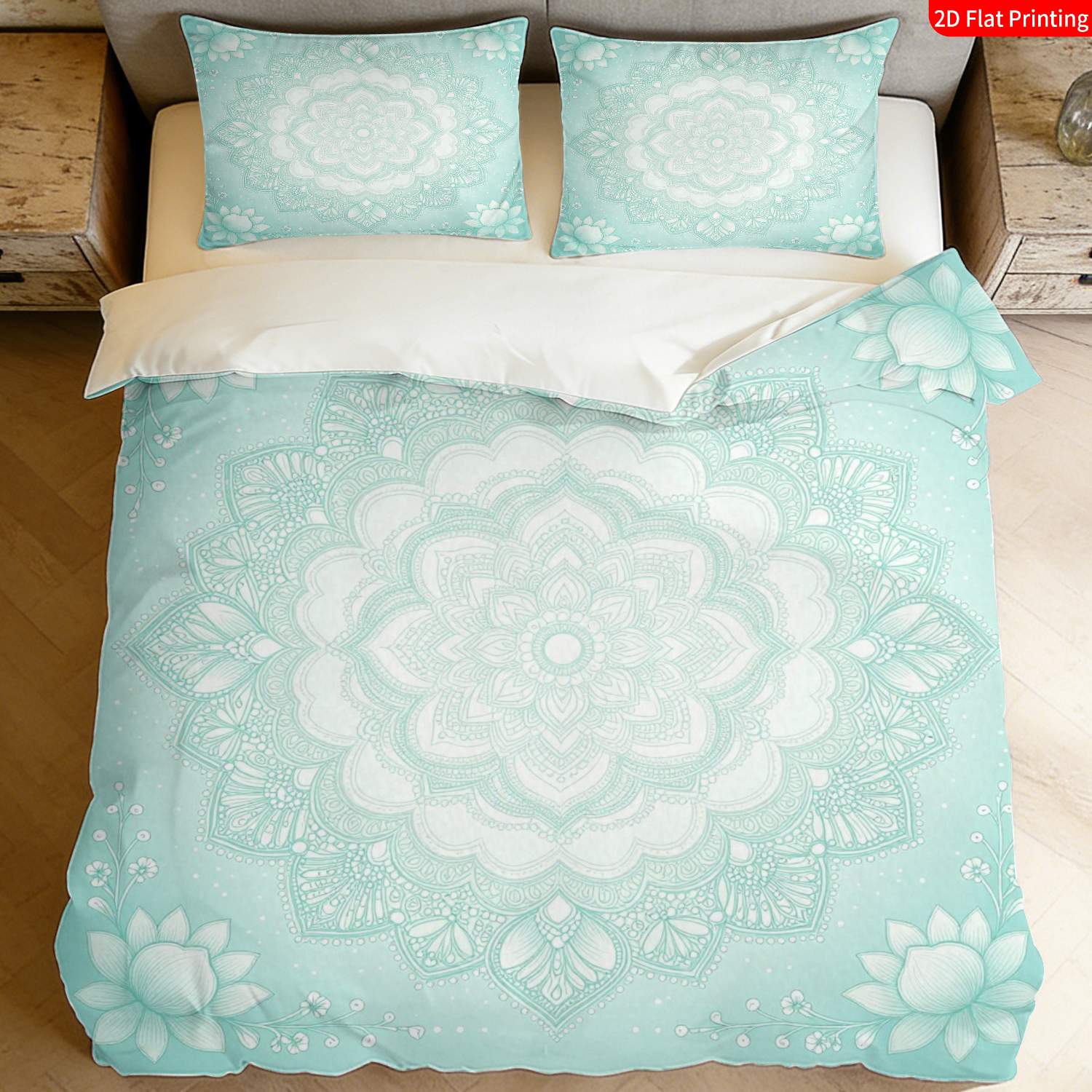 TEMU 2/3pcs 2d Flat Printing Boho Mandala Quilt Cover Bedding Turquoise Blue Floral Medallion Pattern With Geometric Ornaments Suitable For Occasions