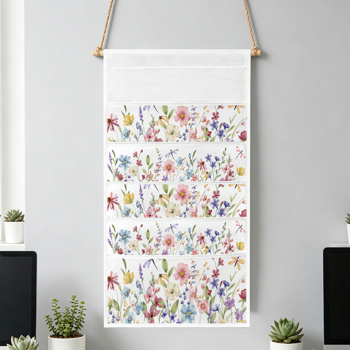 TEMU 1 Set Of Hanging Storage Bags, Vertical Wall-mounted File Organizers For Education/office Use, Spring Floral Theme, 5 Separate Pockets For