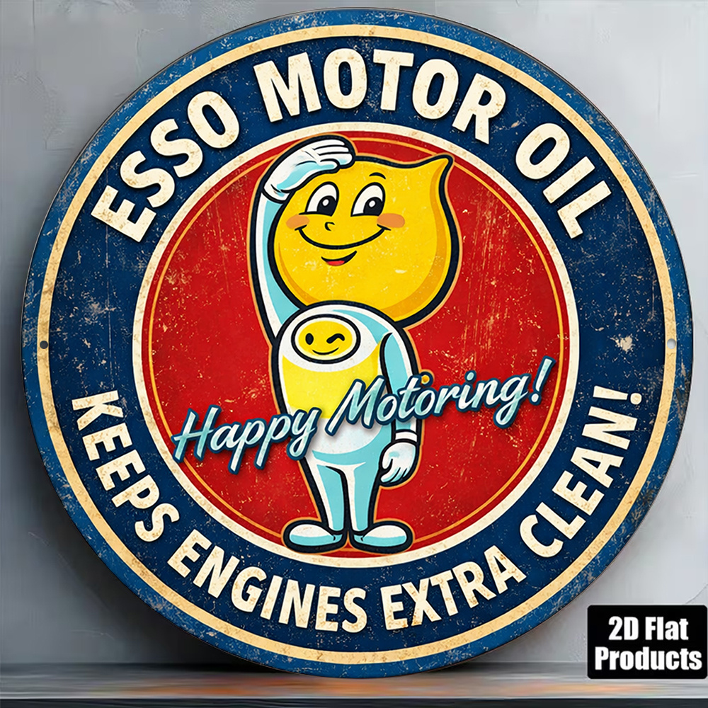 TEMU 2d Flat, 1pc Esso Motor Oil Vintage Retro Round Sign - Wall-mountable Suitable For Garage, Bar, Cafe Decoration, Esso Branding Plaque For, Cave,