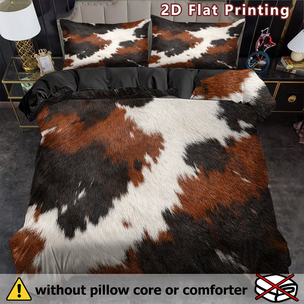 TEMU 3pcs 2d Flat Cowhide Pattern Duvet Cover Set, Realistic Print, Animal Print, Breathable Polyester, , Machine Washable, , No Insert For Bedding