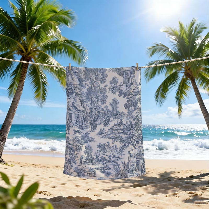TEMU Strandtuch mit blauem Toile-de -Musterdruck, für Strandausflüge verschiedene Outdoor-Festivals. Bringen Sie dieses ultraweiche Strandtuch zum