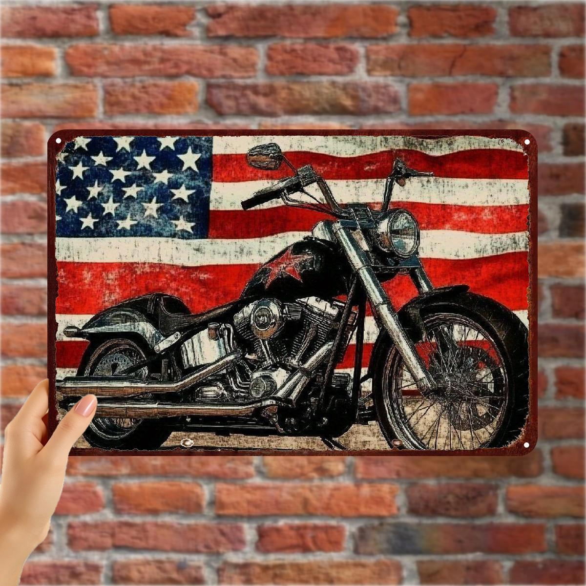 TEMU 2d Flat 1pc, Vintage American Flag Motorcycle Metal Wall Art Decor 8Ã12 Inch