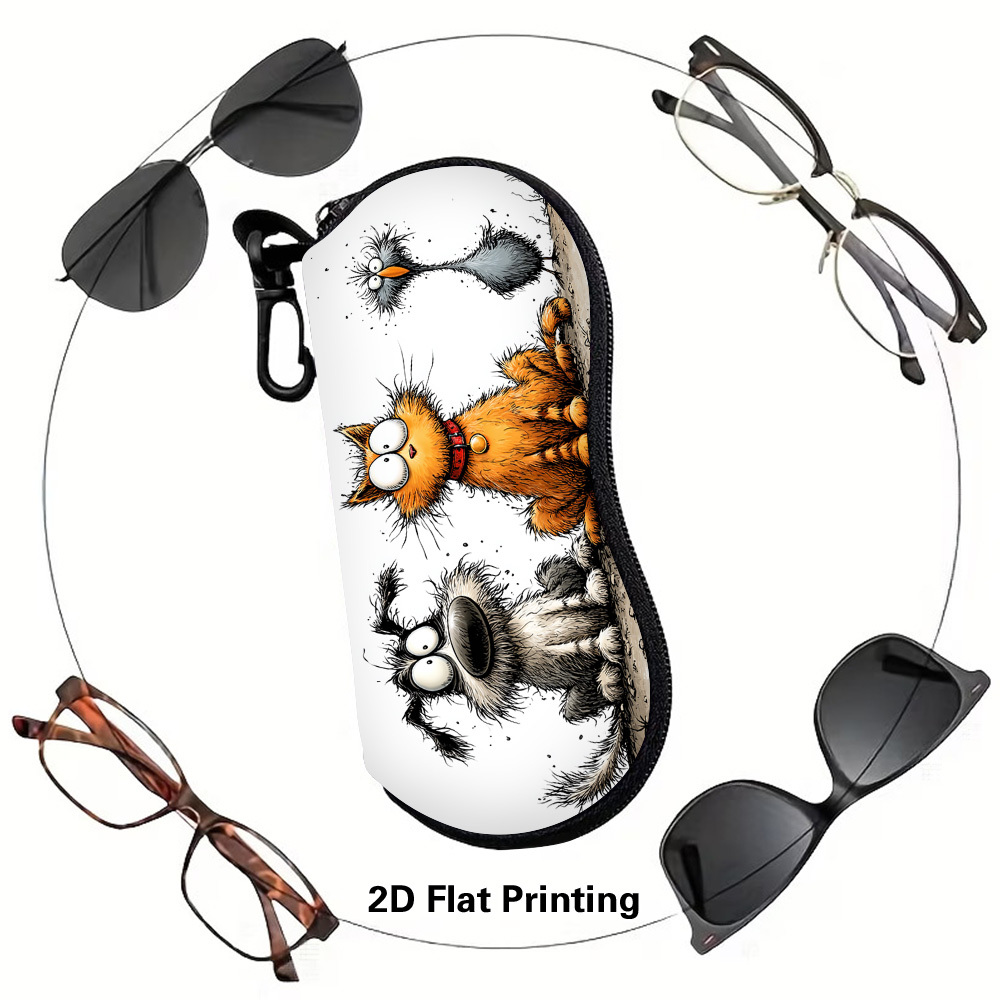 2D Flat Funny Dog Cat Bird Illustration Glasses Case, Unique Pattern