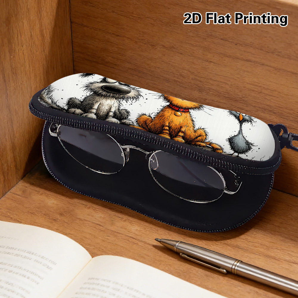 2D Flat Funny Dog Cat Bird Illustration Glasses Case, Unique Pattern