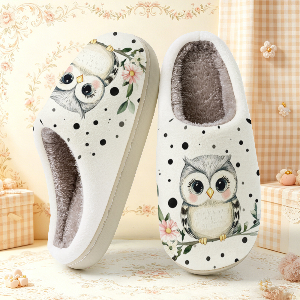 TEMU Women's And Slippers With Owl On Branch And Floral Polka Dot Print, Couple's Style, Autumn/winter Home Shoes, Ultra-comfortable And Soft Indoor