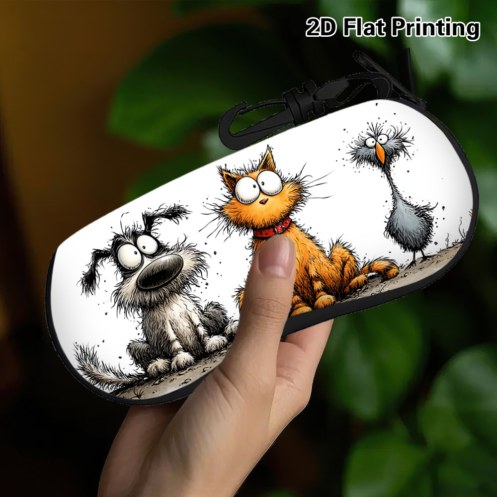 2D Flat Funny Dog Cat Bird Illustration Glasses Case, Unique Pattern
