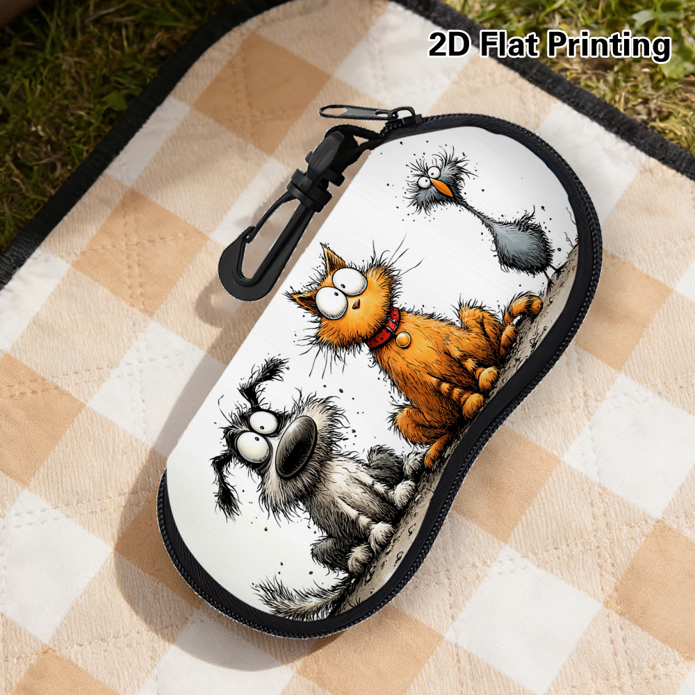 2D Flat Funny Dog Cat Bird Illustration Glasses Case, Unique Pattern