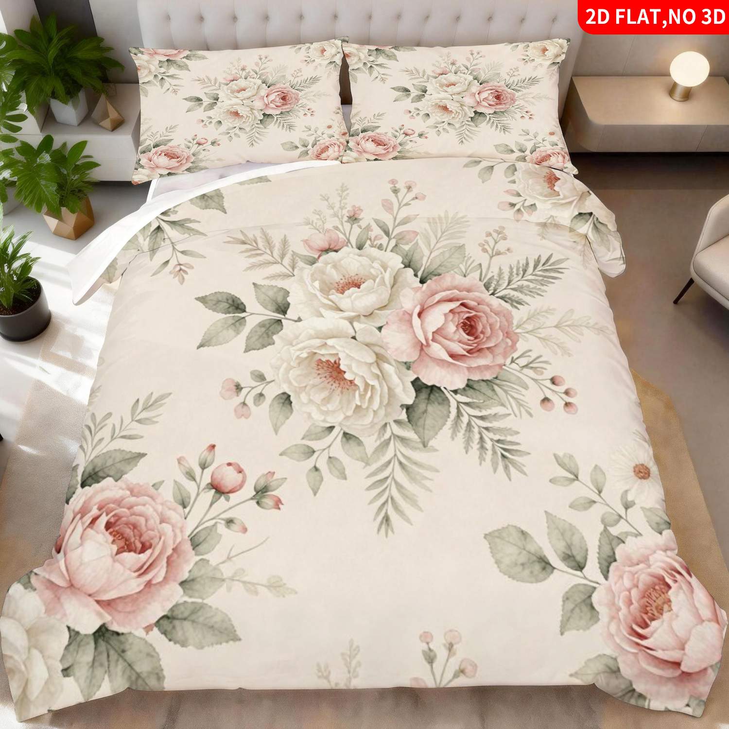 TEMU 2/3pcs 2d Flat Printing Vintage Quilt Cover Bedding Beige Pink White Watercolor Rose Peony Print Suitable For Multiple Sizes Available 4 Lining