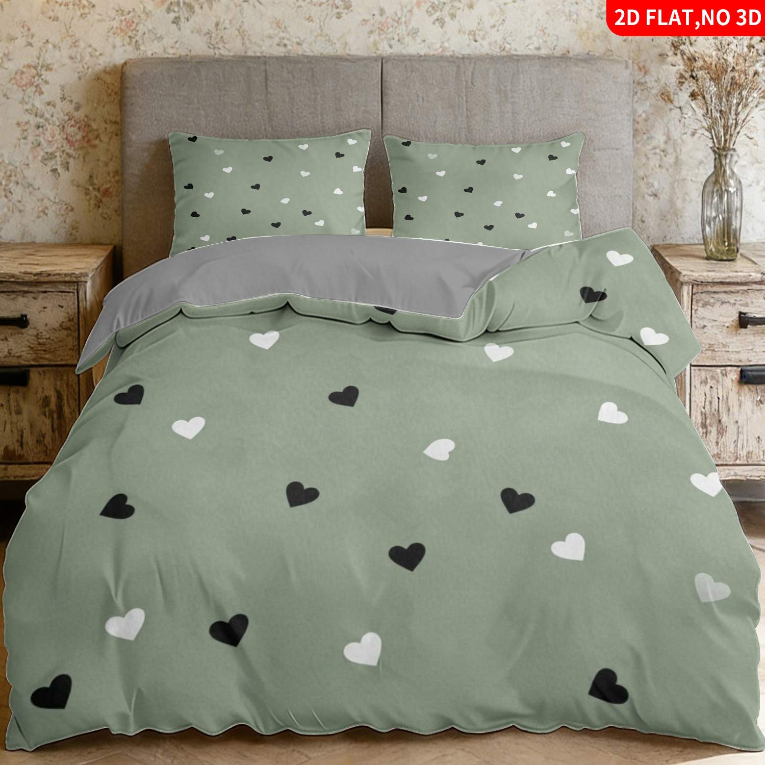 TEMU 2/3pcs 2d Flat Printing Modern Romantic Quilt Cover Bedding Sage Green Heart Pattern Print Suitable For Multiple Sizes 4 Lining Colors Are