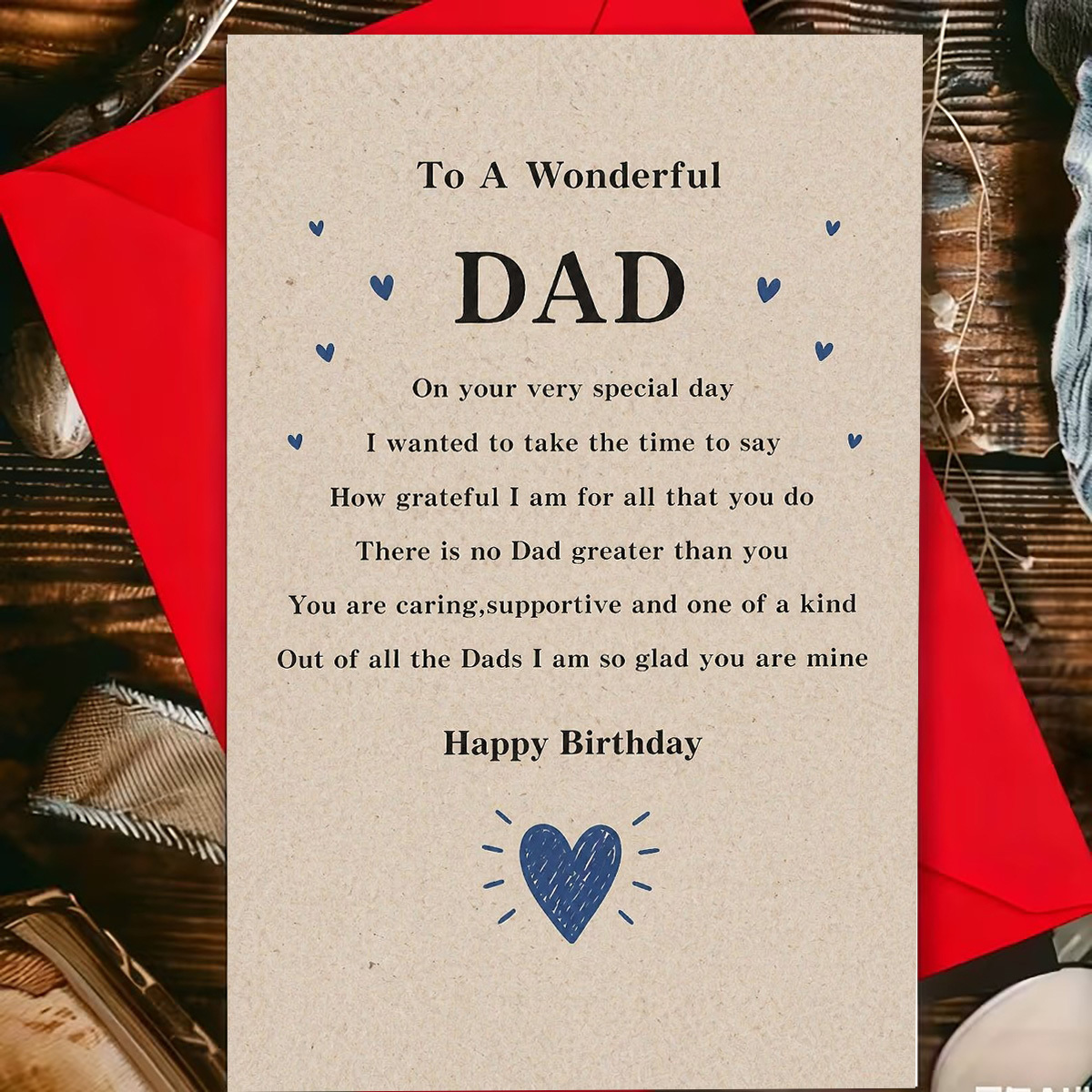 TEMU 1 Vintage Blue Heart "happy Birthday Dad" Card, Father's Day Card, Birthday Card, To Father, Happy Birthday, Warm Handwritten Style, Most