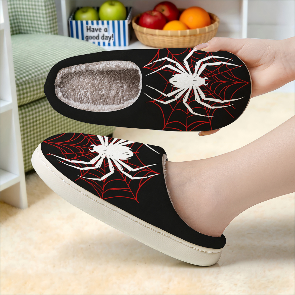 TEMU [printed Design-not Textured]-trendy Cool Individual Black Background Red Spider Web White Spider Print Fashion Home Slippers, Fashion Printed