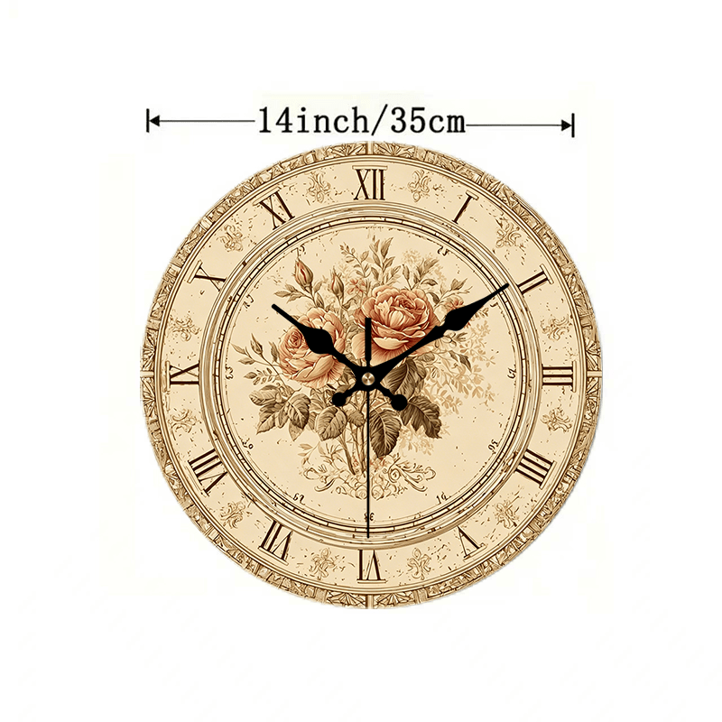 TEMU 2d Flat, 1pc Vintage Roman Wooden Wall Clock, Elegant Floral Decor Silent Round Clock, Perfect Decor For Bedroom, Living Room, Office, Kitchen,