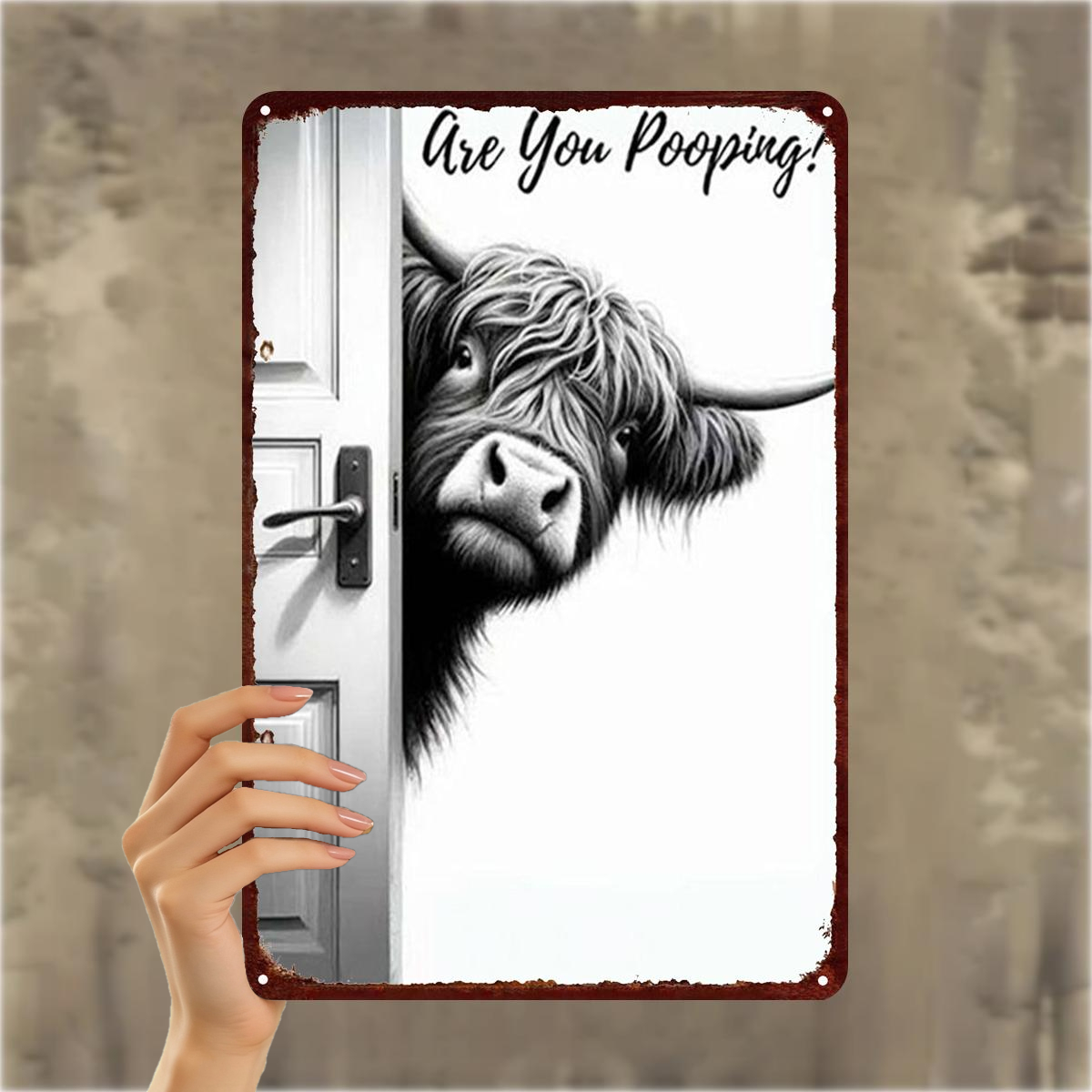 TEMU 2d Flat 1pc, "are You Pooping? Funny Cow Door Peeking Metal Wall Art – Humorous Bathroom Decor" 8×12 Inch