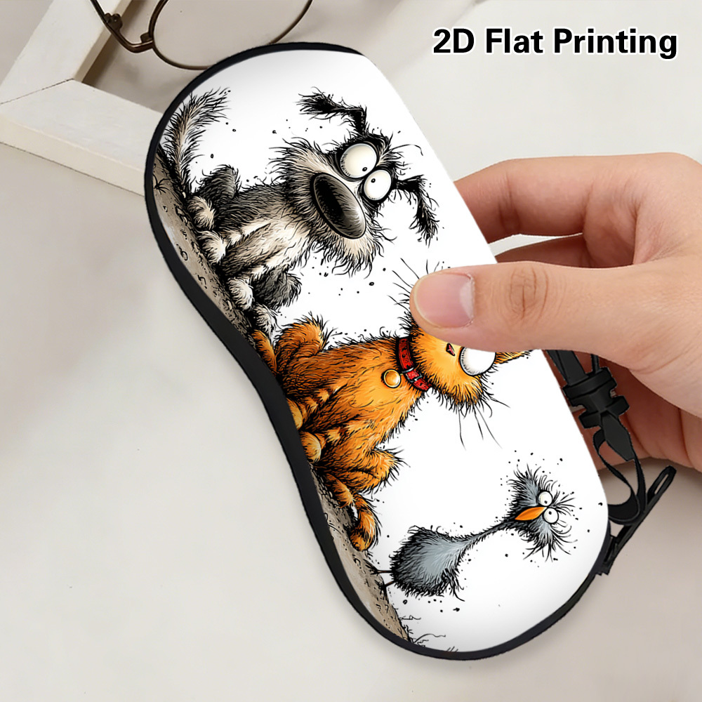 2D Flat Funny Dog Cat Bird Illustration Glasses Case, Unique Pattern