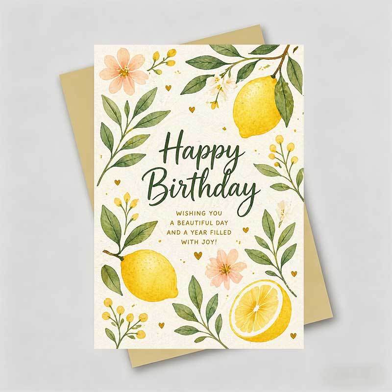 1 Greeting Card + 1 Envelope Fresh Birthday Card, Lemon Floral Birthday Card, "happy Birthday A And A Year Filled ", Suitable For , Birthday, Watercolor Botanical Style, Elegant Greeting Card
