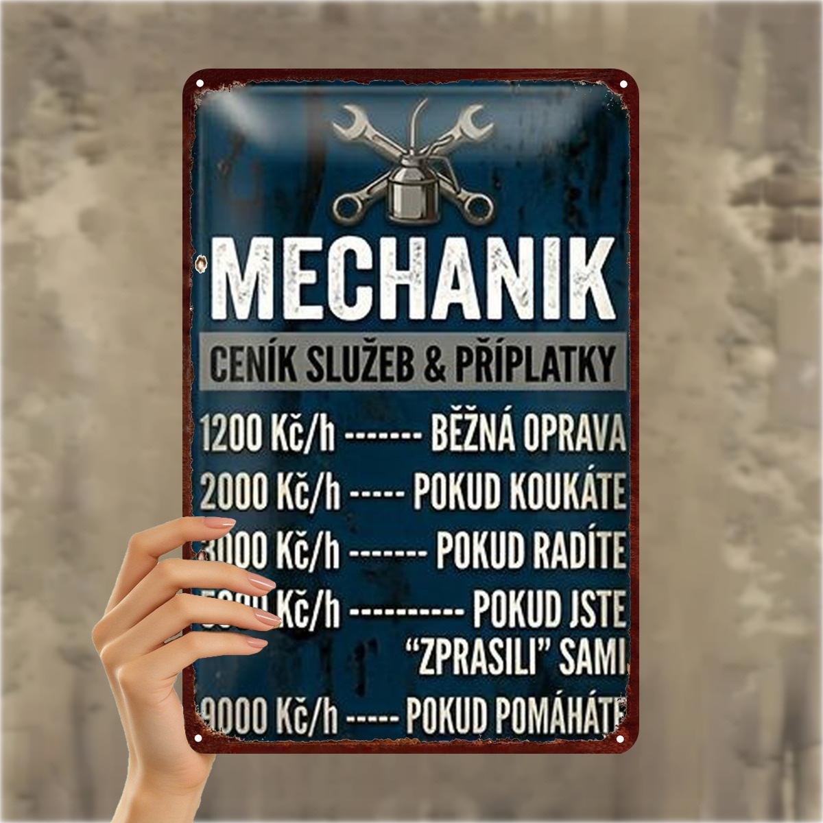 TEMU 2d Flat 1pc, "mechanic Metal Art Sign - Funny Workshop Decor With Humorous Service Rates In Czech" 8×12 Inch