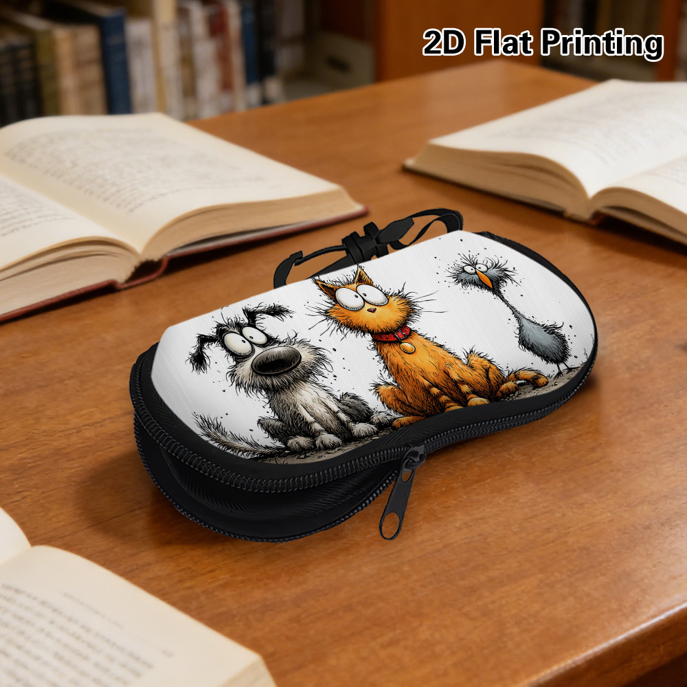 2D Flat Funny Dog Cat Bird Illustration Glasses Case, Unique Pattern