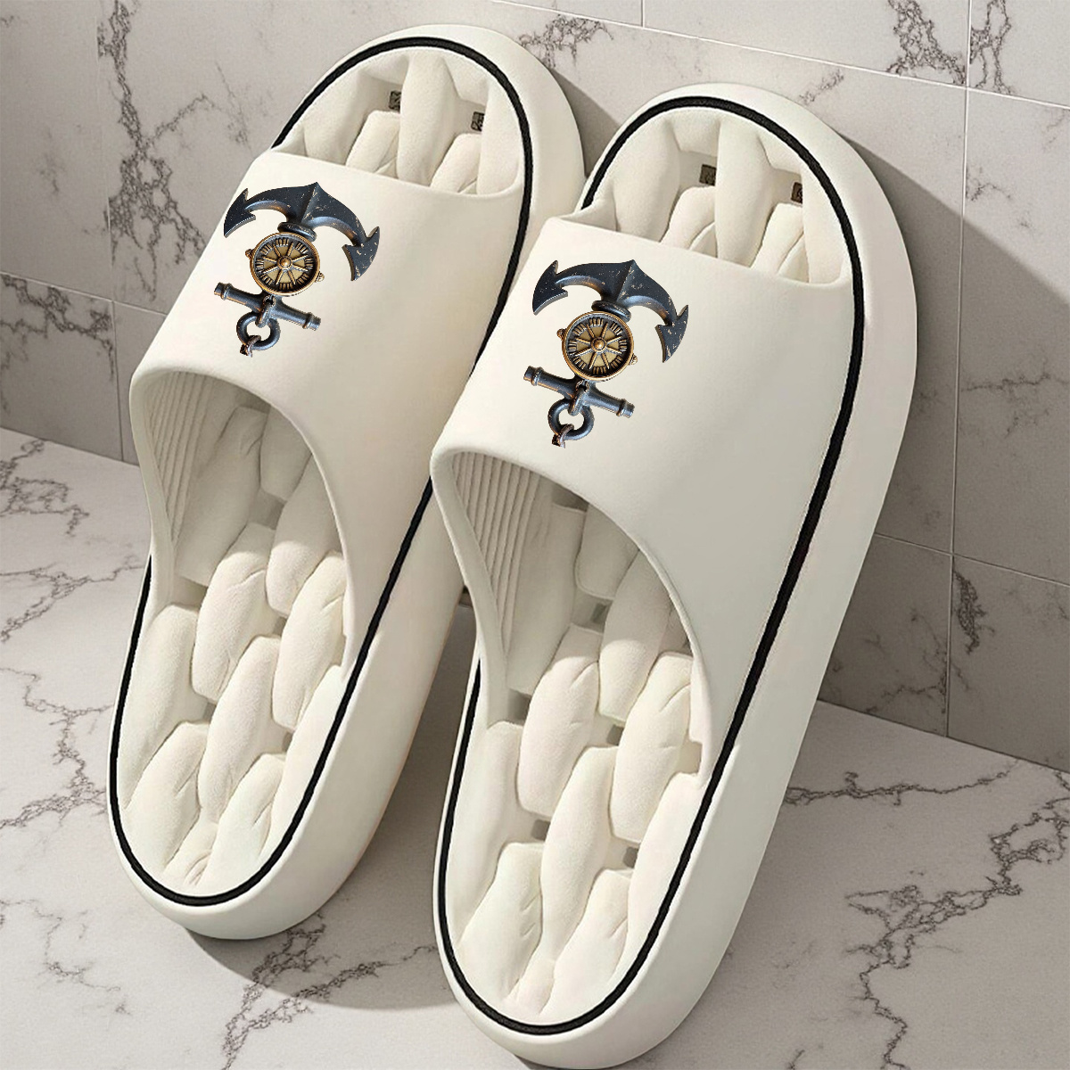TEMU 1 Pair Of New Unisex Slippers | Nautical Anchor Print Slippers | Indoor/outdoor Slippers | Holiday Gift/birthday Gift Slippers | Women's House